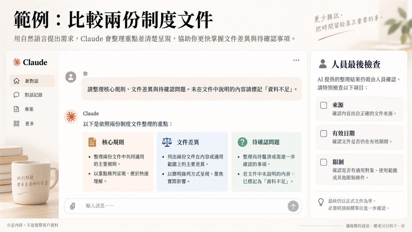 Claude 比較兩份制度文件的示意畫面：使用者的指令是「請整理核心規則、文件差異與待確認問題。未在文件中說明的內容請標記資料不足」，Claude 把結果分成核心規則、文件差異、待確認問題三塊，右邊是人員最後檢查清單，項目為來源、有效日期與限制。